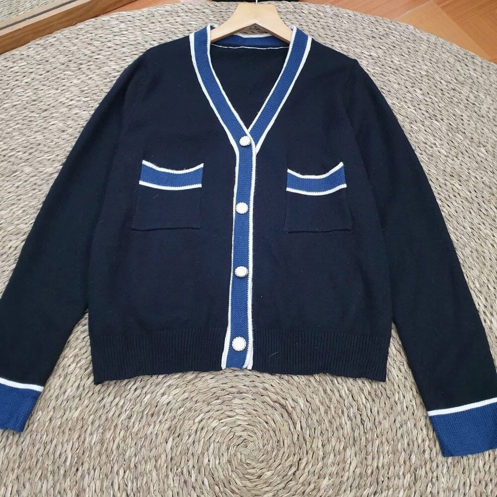 🖤 Navy Preppy Contrast Trim Button Knit Cardigan